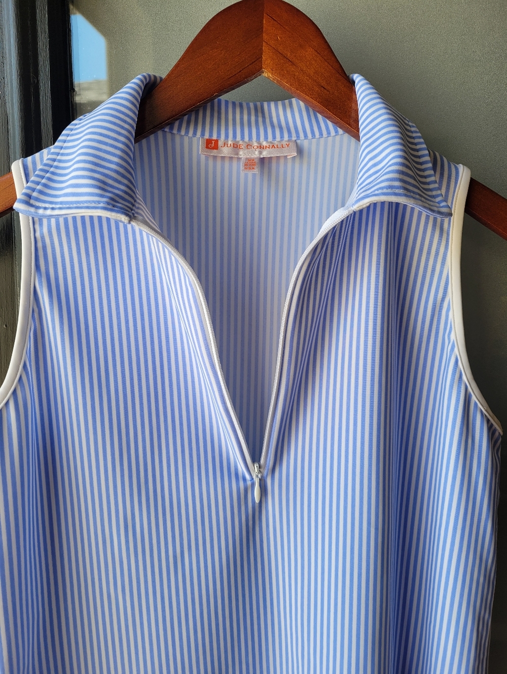 Blue White Striped Seeveless Polo Top Jude Connally XS Made in USA Zip Collard - Picture 6 of 11